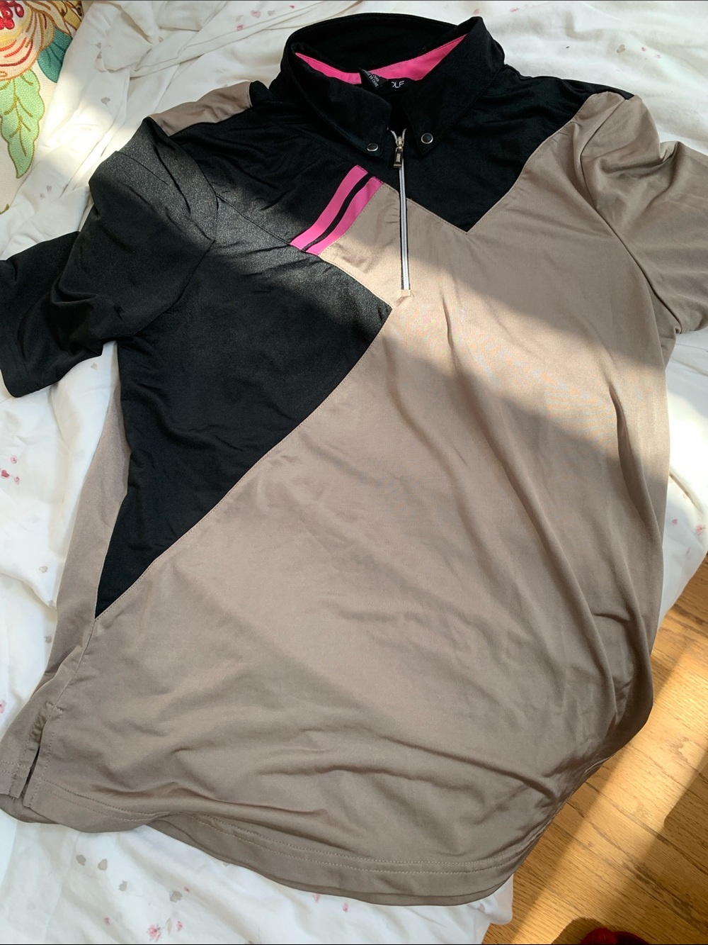 DKNY Golf Zip Polo with Black & Taupe Colorblock and Hot Pink Accents. M